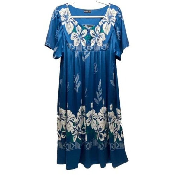 Housecoat Nightgown Women's Large Blue White Floral Short Sleeve Moo Moo Dress - Picture 1 of 11